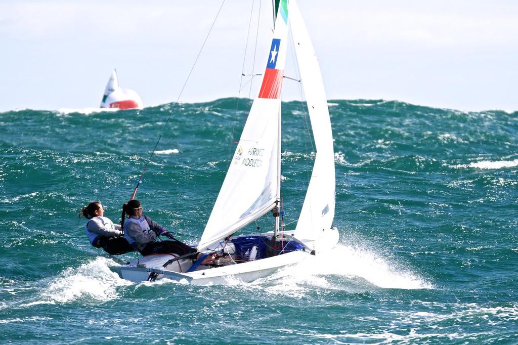 A Womens 470 crew sails up a big swell, unable to see the boat on the other side - Rio Olympic Regatta  © Richard Gladwell www.photosport.co.nz